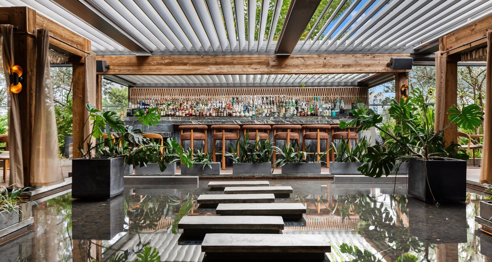 A water garden outdoor dining area