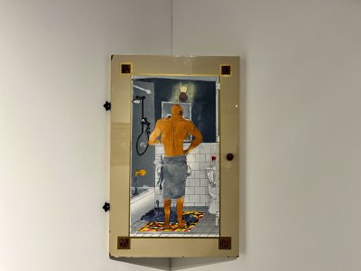 A mixed-media work showing a fan in a towel facing a bathroom mirror as he grooms himself.