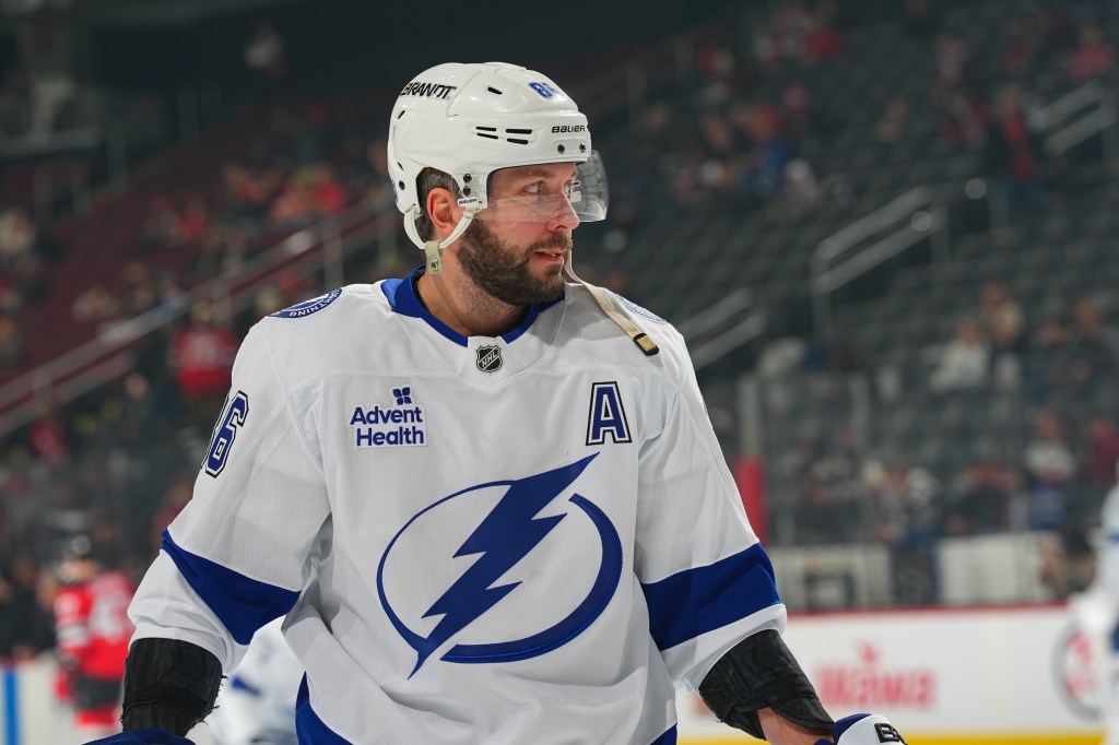 Nikita Kucherov of the Tampa Bay Lightning skates during warm up.