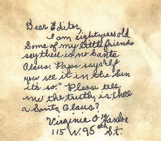 Virginia O'Hanlon reclaimed her note from The Sun, and kept it in a scrapbook. that was handed down from her family.. This image, from an episode of PBS' Antiques Roadshow, featured her great-great-grandson who talked about bringing his ancestor's album to show and tell at school.