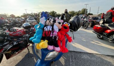 Toys strapped to the back of a motorcycle at Bert’s Barracuda Harley-Davidson's annual motorcycle toy run. (Spectrum News/Tyler O'Neill)