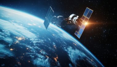 A space engineer designing AI driven satellite systems for Earth observation, high-tech satellite control center with live satellite data, High-tech style