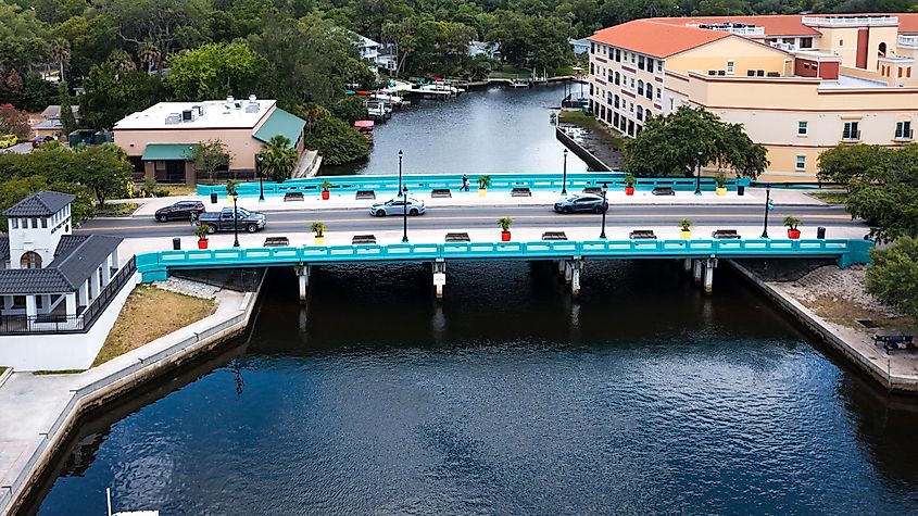 View of Cotee River Bridge and downtown New Port Richey, Florida.