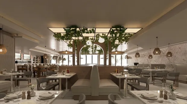 A rendering of the new Ember & Vine, a Napa Valley-inspired restaurant opening this summer in Coral Springs. It will feature coffee and pastries by day and Mediterranean-ish entrees cooked over an open hearth by night. (Ember & Vine / Courtesy)