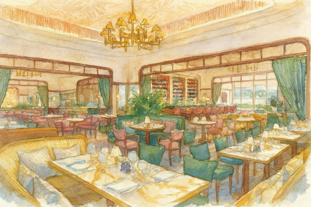 A watercolor rendering of Signor Sassi, a London-based Italian restaurant and celebrity magnet that expects to open in Hallandale Beach's Atlantic Village later this winter. (Fettle Design / Ian Garraway for San Carlo / Courtesy)