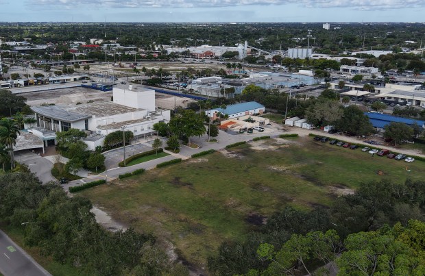 An aerial view of The Parker at Holiday Park in Fort Lauderdale - and the muddy parking lot patrons park in when it rains. (Joe Cavaretta/South Florida Sun Sentinel)