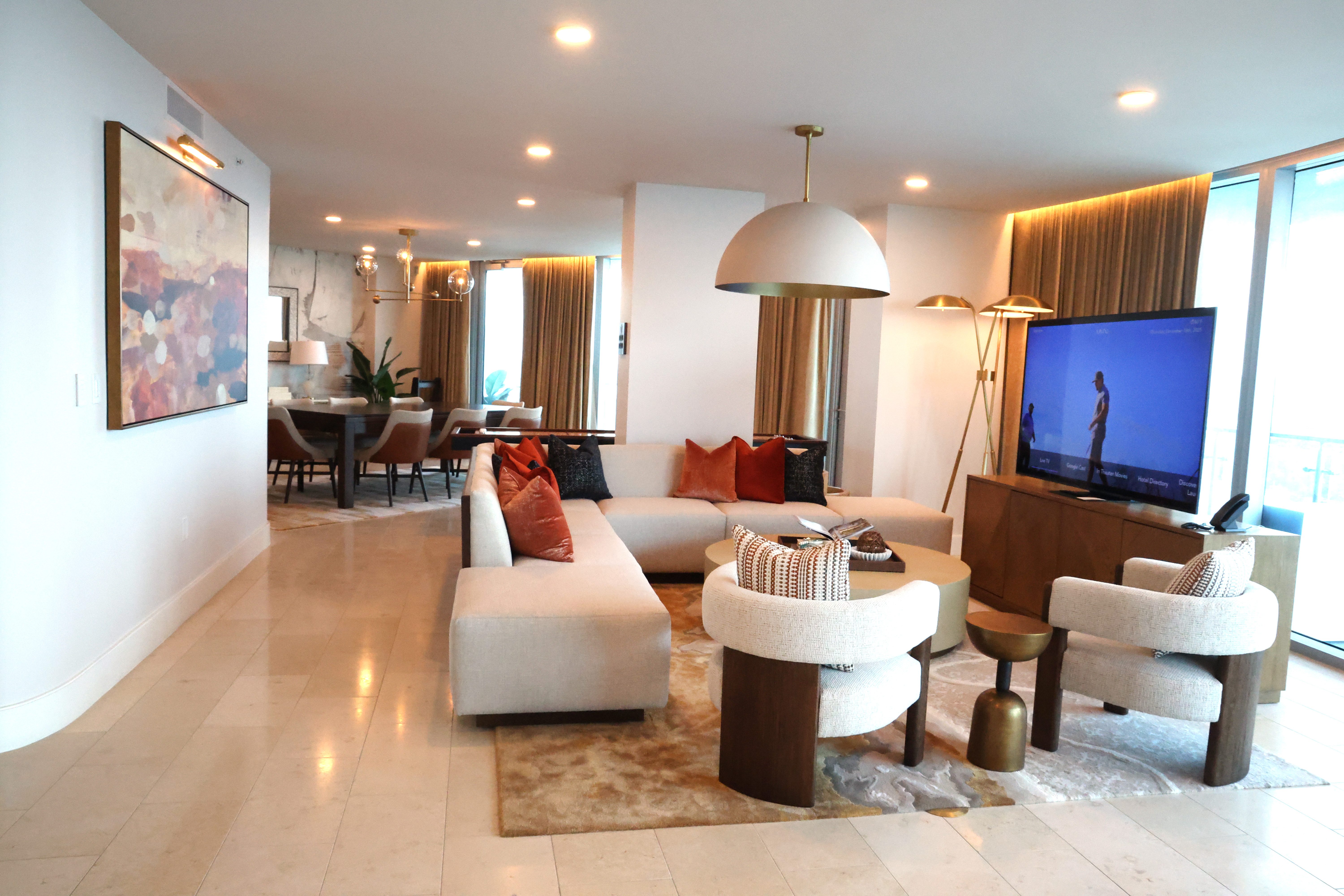 The living room space inside the grand penthouse at the...