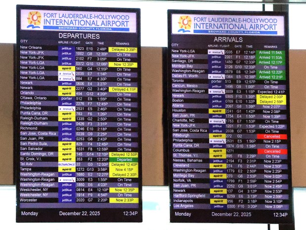 A flight information board shows arrivals and departures at Fort Lauderdale-Hollywood International Airport in Fort Lauderdale on Monday, Dec. 22, 2025. (Carline Jean/South Florida Sun Sentinel)