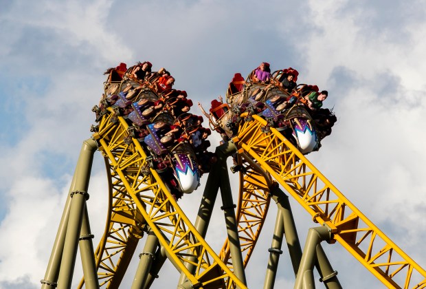 Guests ride Stardust Racers, a dueling roller coaster ride in Celestial Park, during a preview day for Universal's Epic Universe on April 5, 2025.