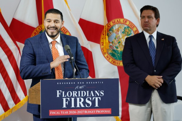 Florida Commissioner of Education Anastasios Kamoutsas discusses the state's 2026-27 budget proposal during a news conference held by Florida Gov. Ron DeSantis at the Dr. Phillips Center for the Performing Arts in Orlando on Wednesday, Dec. 10, 2025. (Rich Pope/Orlando Sentinel)