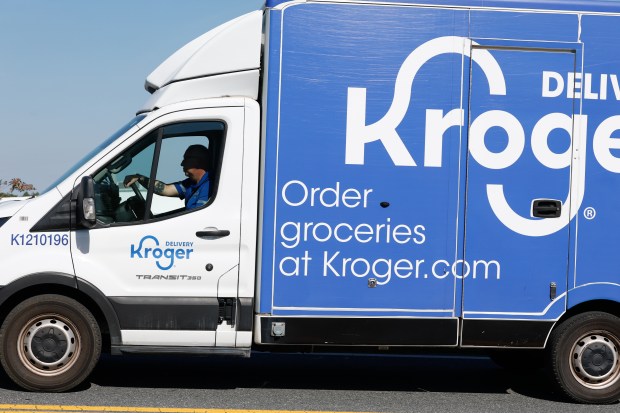 A Kroger delivery truck leaves the Kroger eCommerce fulfillment center in Groveland on Wednesday, Nov. 19, 2025. The grocery retailer announced plans Tuesday to close the Lake County eCommerce fulfillment location that employs approximately 1,400 workers, most of whom are Groveland residents.(Rich Pope/Orlando Sentinel)