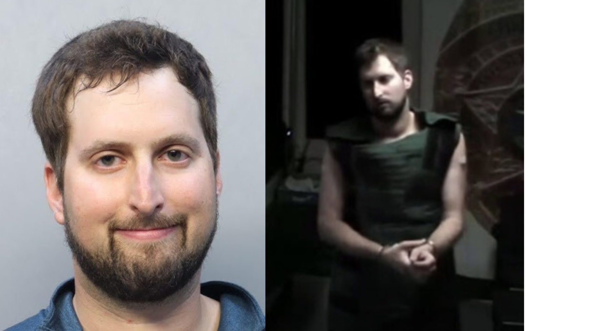 A man smiles in a mugshot and appears in handcuffs at a court hearing.
