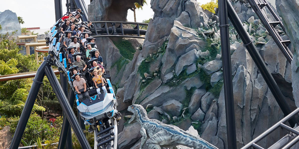 Guests ride Jurassic World VelociCoaster at Islands of Adventure at Universal Orlando Resort. VelociCoaster evacuation
