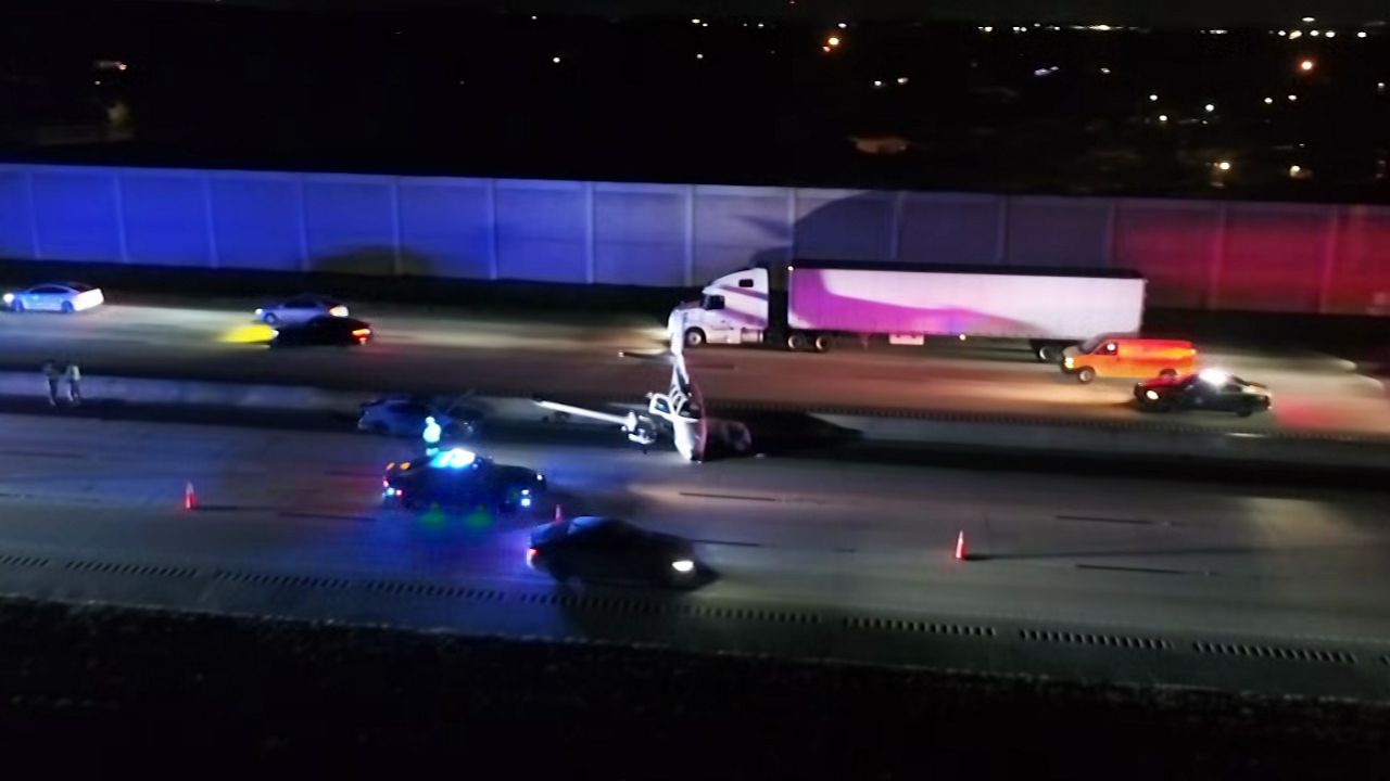 A “fixed wing multi-engine aircraft” collided with a 2023 Toyota Camry in the southbound lane of I-95 around mile marker 201 in Cocoa on Monday, Dec. 08, 2025. (Spectrum News 13/Jon Shaban)