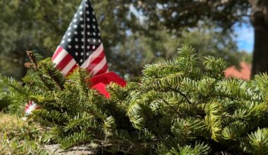 A wreath with an American Flag