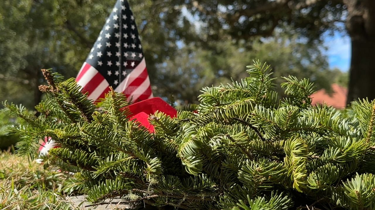 A wreath with an American Flag
