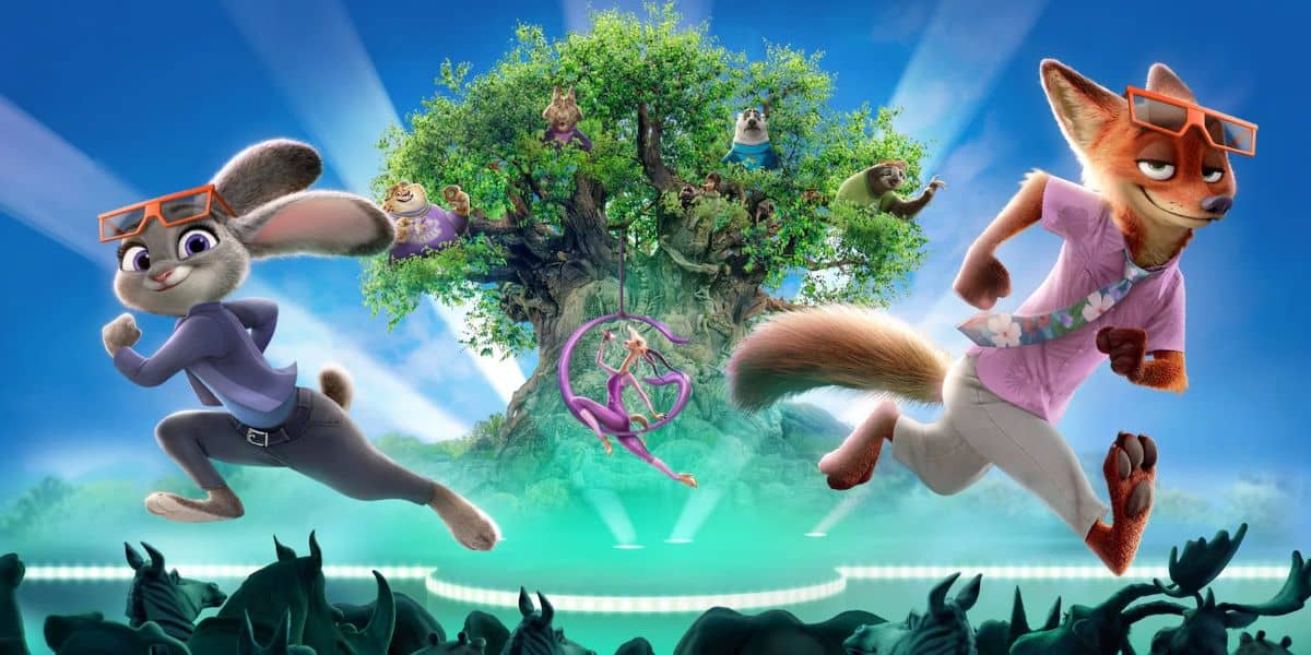 Judy Hopps and Nick Wilde in front of the Tree of Life