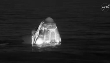 The SpaceX Dragon capsule for NASA's Crew-11 mission is seen in the water off the coast of California Thursday morning after the crew was forced to return early from the International Space Station because of a medical issue. (NASA)