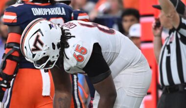 Nov 2, 2024; Syracuse, New York, USA; Virginia Tech Hokies offensive lineman Xavier Chaplin (65) looks after quarterback Collin Schlee (3) who was shaken up on a play against the Syracuse Orange in the fourth quarter at JMA Wireless Dome. Mandatory Credit: Mark Konezny-Imagn Images