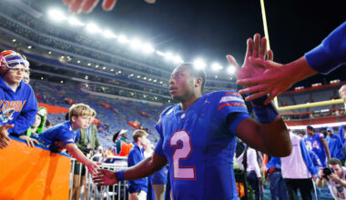 Nov 29, 2025; Gainesville, Florida, USA; Florida Gators quarterback DJ Lagway (2) leaves the field after a game against the Florida State Seminoles at Ben Hill Griffin Stadium. Mandatory Credit: Matt Pendleton-Imagn Images