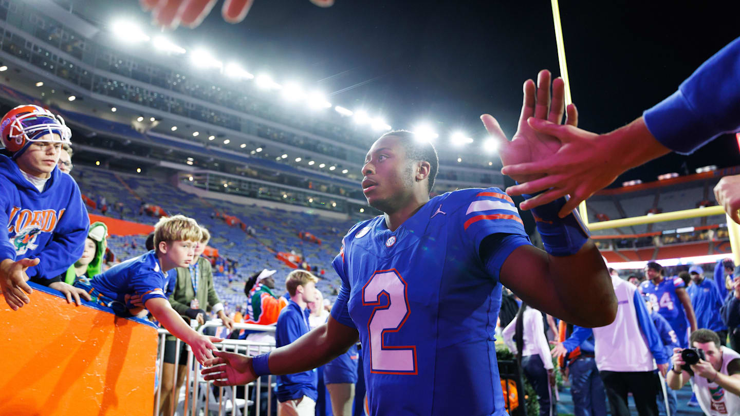 Nov 29, 2025; Gainesville, Florida, USA; Florida Gators quarterback DJ Lagway (2) leaves the field after a game against the Florida State Seminoles at Ben Hill Griffin Stadium. Mandatory Credit: Matt Pendleton-Imagn Images