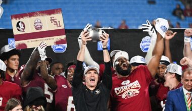 Dec 2, 2023; Charlotte, NC, USA; Florida State Seminoles head coach Mike Norvell raises the ACC Championship trophy with his players after the game against the Louisville Cardinals at Bank of America Stadium. Mandatory Credit: Bob Donnan-Imagn Images