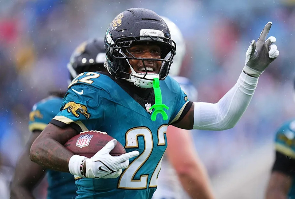 JACKSONVILLE, FLORIDA - DECEMBER 07: Jarrian Jones #22 of the Jacksonville Jaguars celebrates a fumble recovery against the Indianapolis Colts during the second quarter at EverBank Stadium on December 07, 2025 in Jacksonville, Florida. (Photo by Rich Storry/Getty Images)