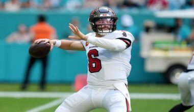 Tampa Bay Buccaneers quarterback Baker Mayfield looks to pass against the Miami Dolphins during the first half of an NFL football game Sunday, Dec. 28, 2025, in Miami Gardens, Fla. (AP Photo/Lynne Sladky)