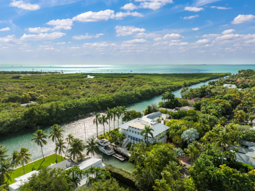 An aerial view of an oceanfront neighborhood, with lots of palm trees and sparkling blue water