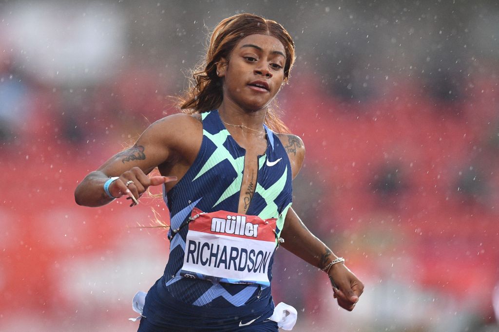 US sprinter Sha'Carri Richardson running in the women's 100m final.