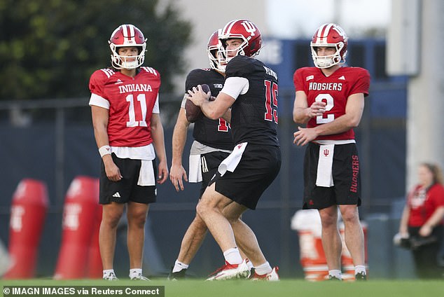 Indiana Hoosiers quarterback Fernando Mendoza (15) participates in a practice for the College Football Playoff National Championship against Beck and the University of Miami Hurricanes