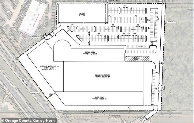 Concept plans show a 90,000sq ft indoor water park and a 35,700sq ft outdoor water park, an 11,400sq ft retail area, and a 42,000sq ft 'slide zone'