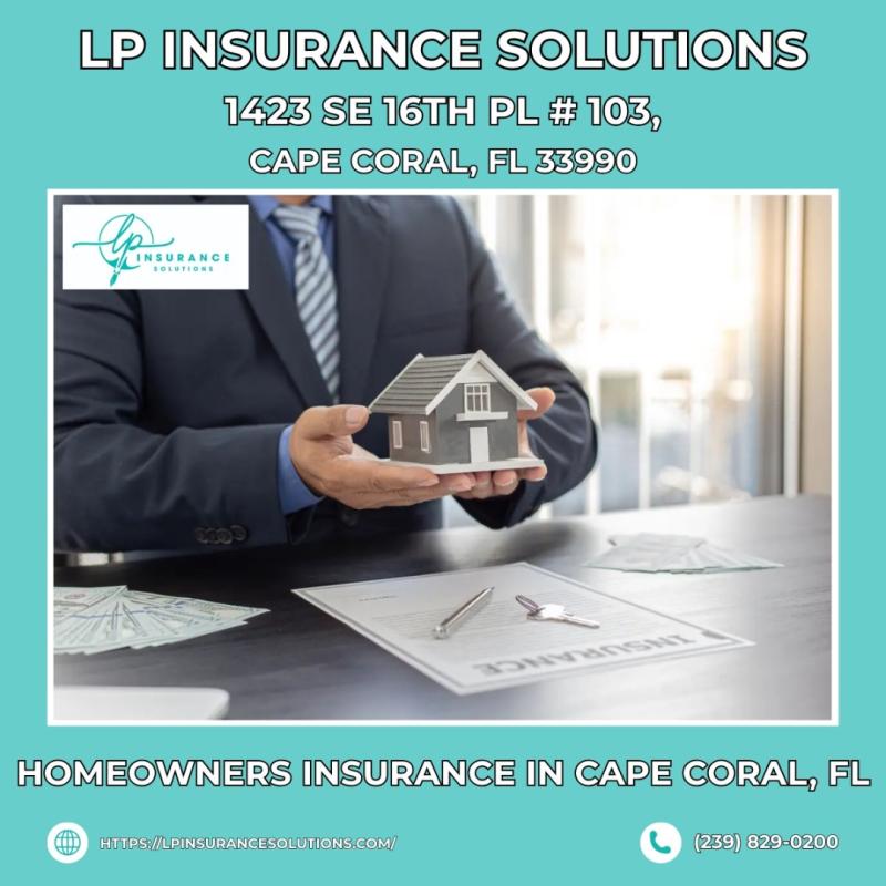 Homeowners Insurance in Cape Coral, FL - LP Insurance Solutions. Professional insurance agent holds a miniature house model, symbolizing the protection and peace of mind Cape Coral homeowners receive. The desk displays insurance documents and house keys,