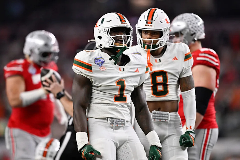 Dec 31, 2025; Arlington, TX, USA; Miami Hurricanes linebacker Mohamed Toure (1) celebrates a defensive stop in the second quarter against the Ohio State Buckeyes during the 2025 Cotton Bowl and quarterfinal game of the College Football Playoff at AT&T Stadium. Mandatory Credit: Jerome Miron-Imagn Images© Jerome Miron-Imagn Images