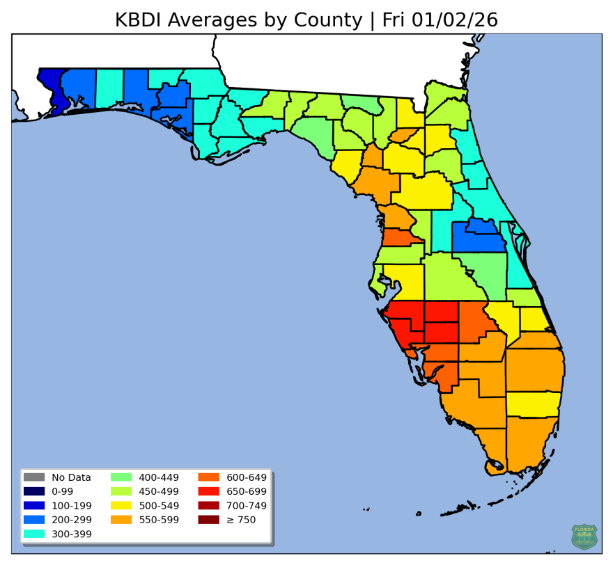 Above, The Keetch-Byram drought index (KBDI) is a continuous reference scale for estimating the dryness of the soil and duff layers. The range of the index is determined by assuming that there is 8 inches of moisture in a saturated soil that is readily available to the vegetation. Updated once every day at 1:15 p.m. Eastern/12:15 p.m. Central (Standard) or 2:15 p.m. Eastern/1:00 p.m. Central (Daylight Saving).
