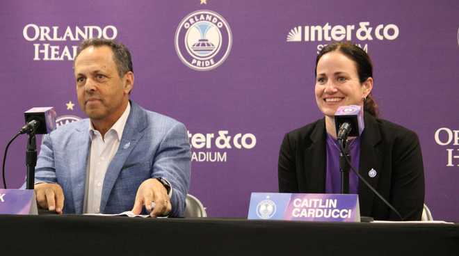 Orlando Pride owner and chairman Mark Wilf and vice president of soccer operations and general manager Caitlin ﻿Carducci speaking with media on Tuesday, Jan. 13, 2026.