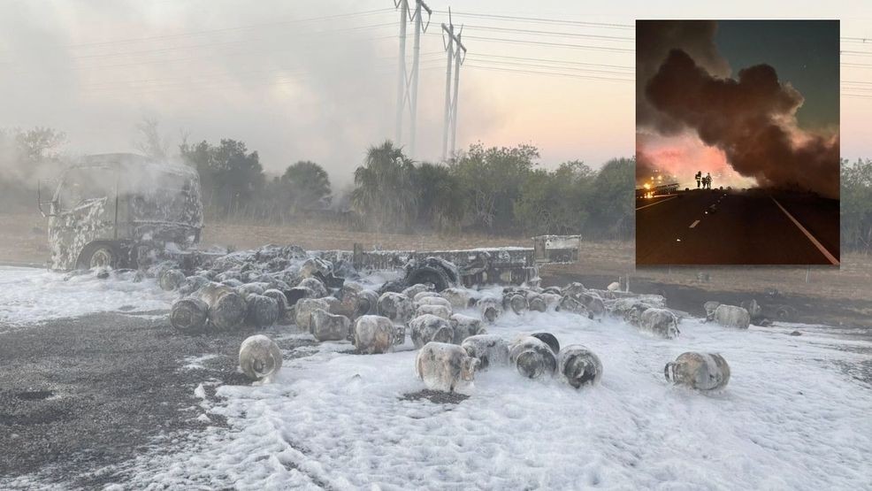 An early morning blaze transformed a stretch of the Florida Turnpike into a chaotic scene as firefighters battled a commercial vehicle fire engulfing a truck loaded with over 240 propane tanks. (SLCFD)
