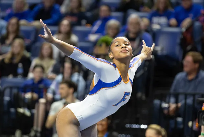 Florida Skye Blakely competes in the floor exercise at Steven C. O'Connell Center Exactek arena in Gainesville, FL on Friday, January 16, 2026. [Alan Youngblood/Gainesville Sun]