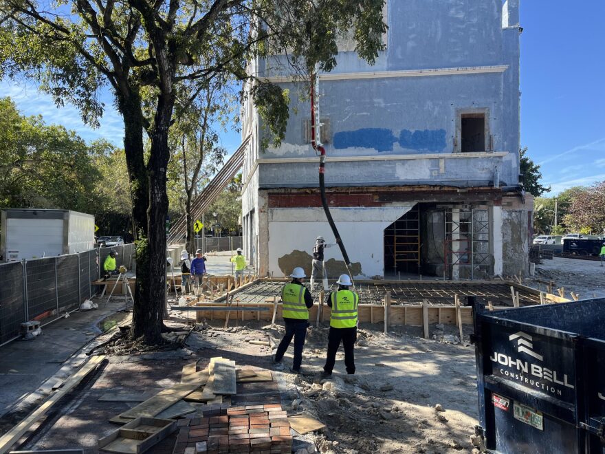 Construction work at the Playhouse continued Monday, as workers poured concrete around the exterior of the playhouse’s 1926 façade. The playhouse opened in January 1927 with a screening of D.W. Griffith’s silent film “Sorrows of Satan.”