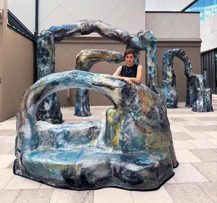 Miami sculptor Jillian Mayer pictured with 'Pergola Spolia.'