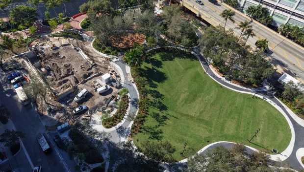 An aerial view of Huizenga Park in downtown Fort Lauderdale on Tuesday. The park, redesigned to the tune of $15 million, will reopen on Jan. 24. A two-story restaurant still under construction is expected to open in late 2026. (Joe Cavaretta/South Florida Sun Sentinel)