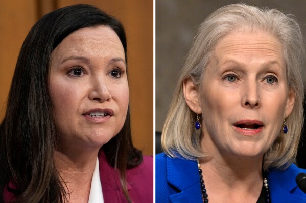 This photo combo shows from left, Republican Sen. Ashley Moody of Florida and Democratic Sen. Kirsten Gillibrand of New York in Washington. (AP Photo/File)