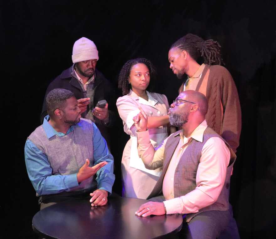 Wolf (Ty Davis), Hambone (Lemec Bernard), Risa (Sheena Kinney), Sterling (Daniel Kinney), and Memphis (Robert Barner) rehearse scene from 'Two Trains Running.'