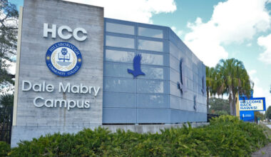 The main sign at Hillsborough Community College is viewed, Friday, Jan. 23, 2026, in Tampa, Fla. (AP Photo/Chris O