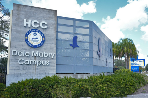 The main sign at Hillsborough Community College is viewed, Friday, Jan. 23, 2026, in Tampa, Fla. (AP Photo/Chris O