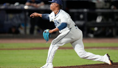 FILE - Tampa Bay Rays pitcher Edwin Uceta against the Boston Red Sox during the eighth inning of a baseball game Sunday, Sept. 21, 2025, in Tampa, Fla. (AP Photo/Chris O