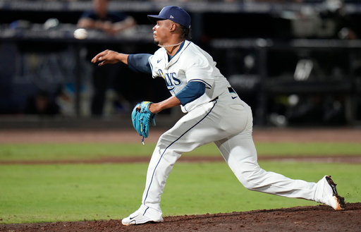 FILE - Tampa Bay Rays pitcher Edwin Uceta against the Boston Red Sox during the eighth inning of a baseball game Sunday, Sept. 21, 2025, in Tampa, Fla. (AP Photo/Chris O
