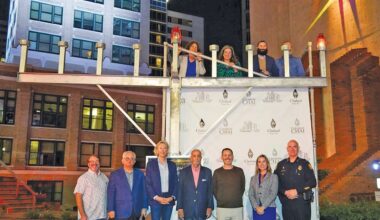 Menorah Lighting: Standing above the menorah (left to right): Andrea Zelman, City of Tampa Attorney; Abbye Feeley, City of Tampa Administrator for Development & Economic Opportunity; Rabbi Mendy Dubrowski, Chabad CHAI of South Tampa Executive Director and Rabbi; and Mark Wright, Jewish community leader. Bottom Row (left to right): Jeffrey Berger, Tampa JCCs & Federation Co-President; Commissioner Harry Cohen, Hillsborough County District 1; Mayor Jane Castor, City of Tampa; Councilman Charlie Miranda, City of Tampa District 6, Councilman Guido Maniscalco, City of Tampa District 2; Diane Ventresca, Assistant Special Agent in Charge, FBI Tampa; and Chief Lee Bercaw, Tampa Police Department.