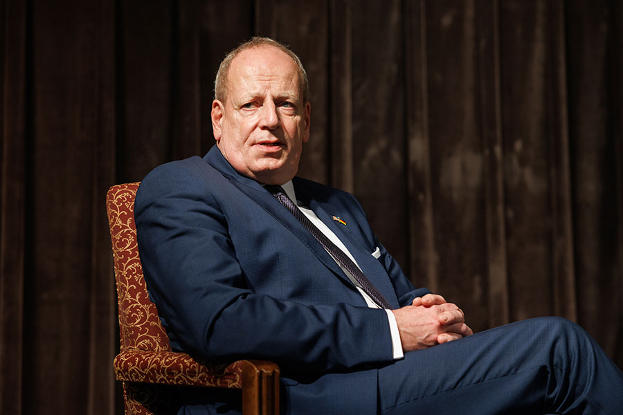 Germany's Ambassador Jens Hanefeld on stage in The Globe Auditorium on FSU's campus.