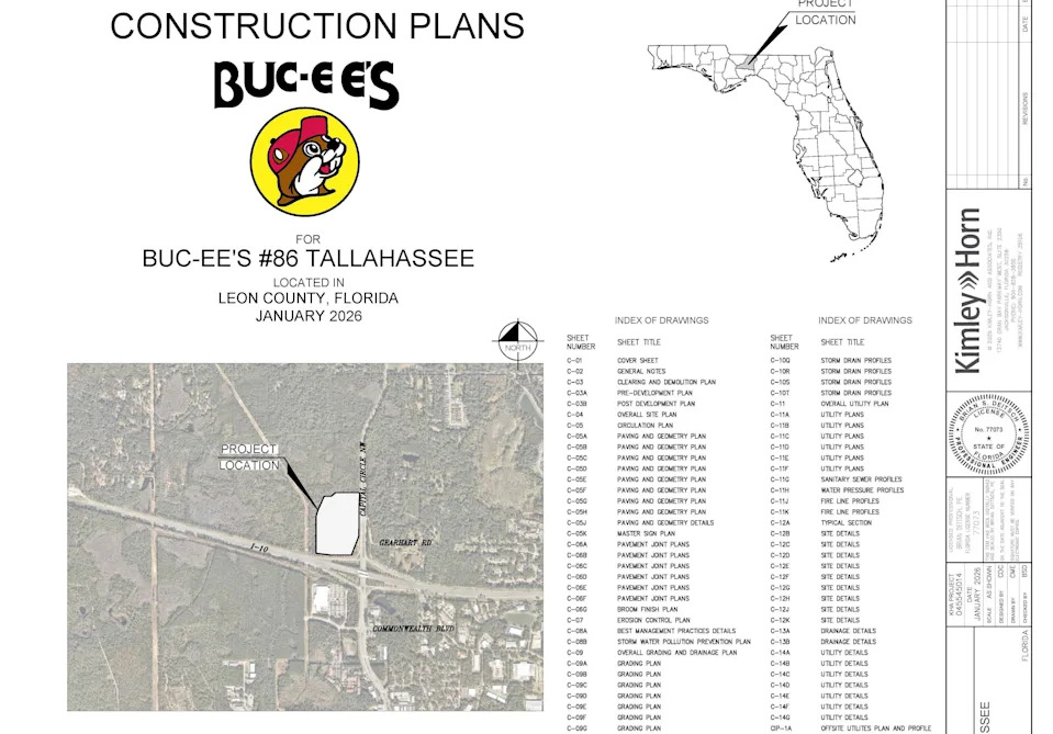 The cover page of the Buc-ee's site development plan for the Leon County mega-convenience store.
